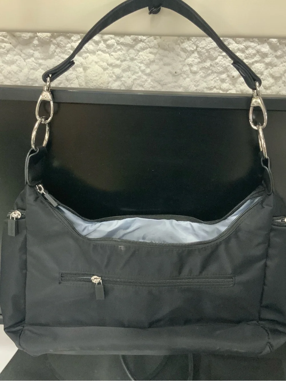 Quilted Black Shoulder Bag with Silver Accents - Picture 5 of 10
